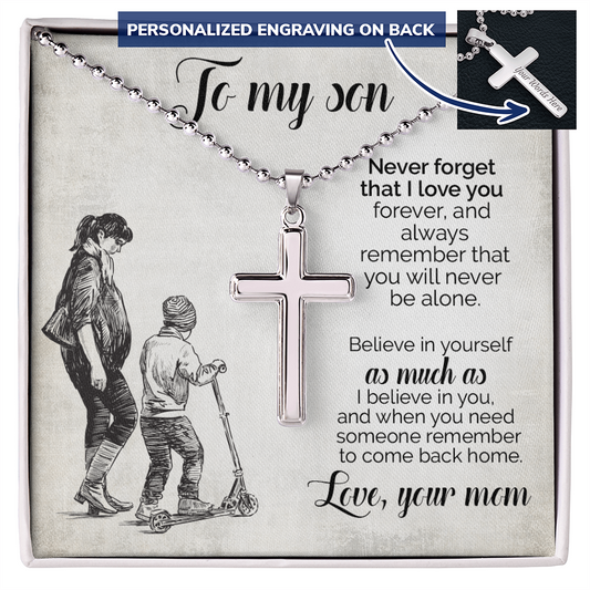 To My Son – Personalized Cross Necklace from Mom | Stainless Steel Faith Pendant with Engraved Back and Message Card
