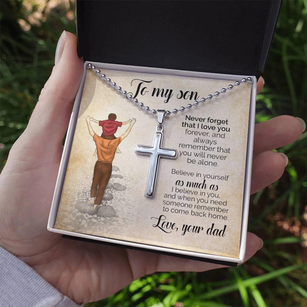 To My Son – Personalized Cross Necklace from Dad | Engraved Stainless Steel Faith Pendant Gift for Son