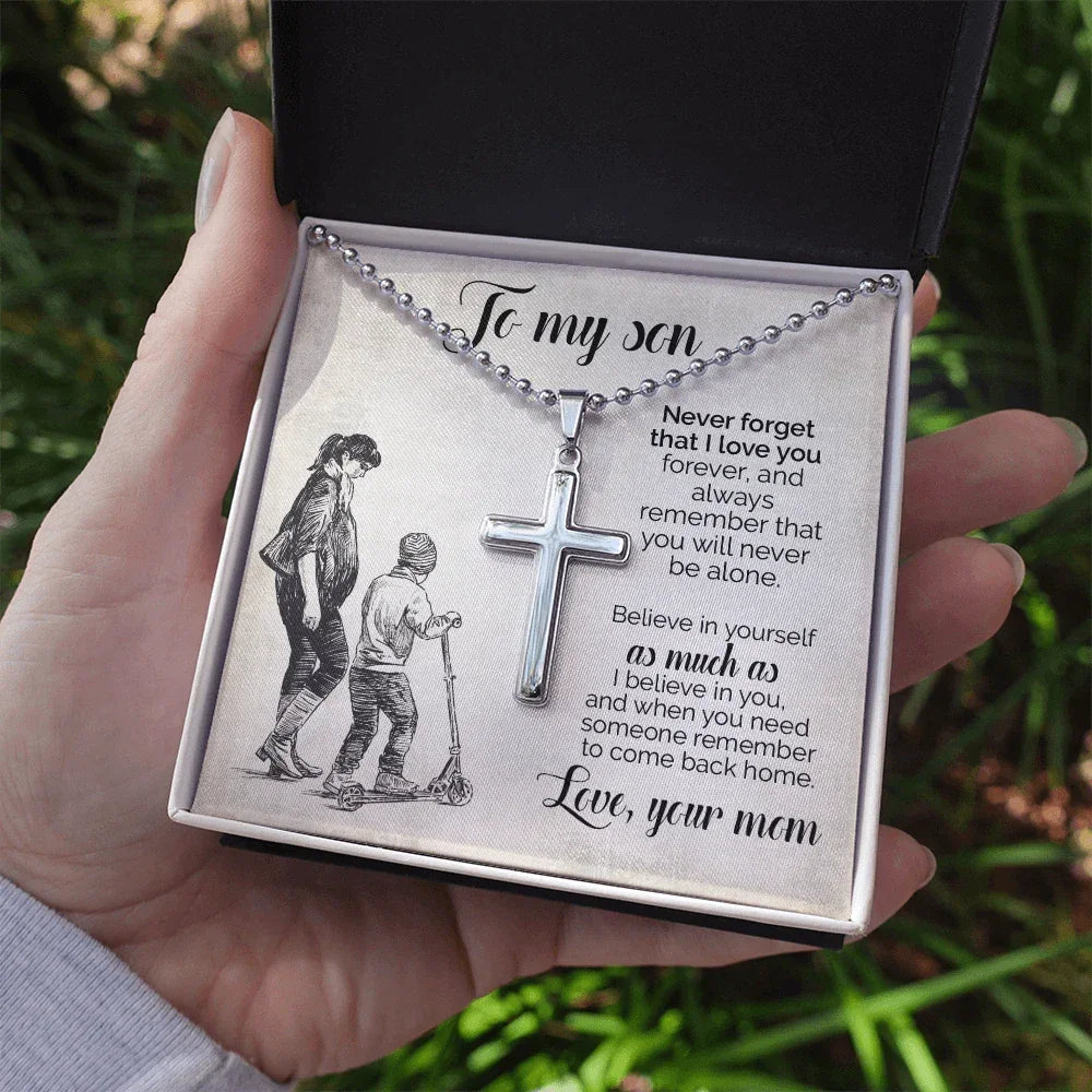 To My Son – Personalized Cross Necklace from Mom | Stainless Steel Faith Pendant with Engraved Back and Message Card