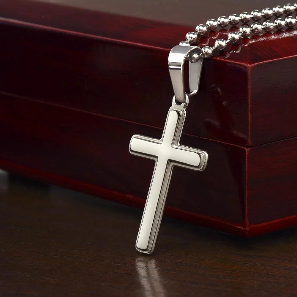 To My Son – Personalized Cross Necklace from Dad | Engraved Stainless Steel Faith Pendant Gift for Son