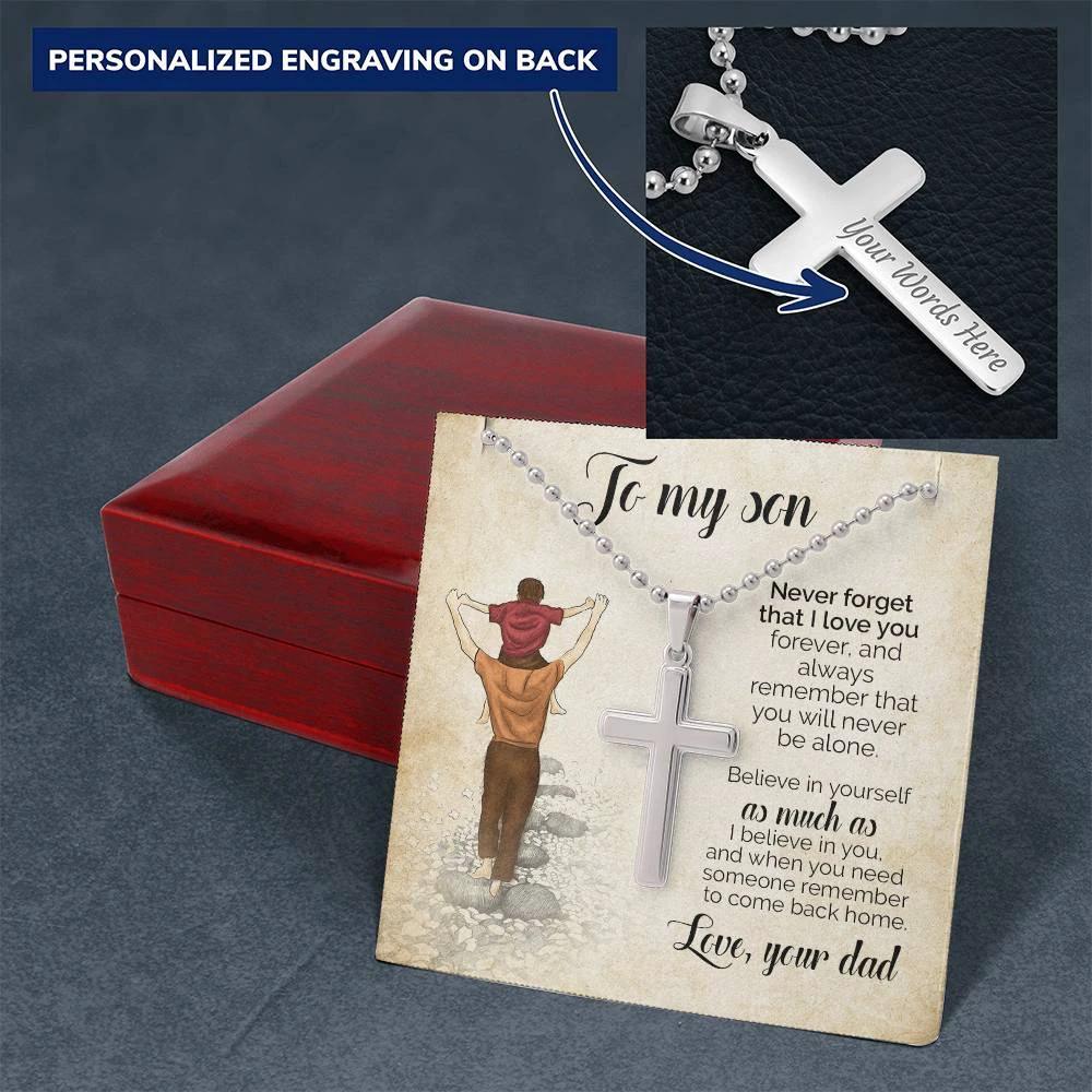 To My Son – Personalized Cross Necklace from Dad | Engraved Stainless Steel Faith Pendant Gift for Son