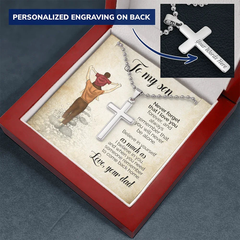 To My Son – Personalized Cross Necklace from Dad | Engraved Stainless Steel Faith Pendant Gift for Son