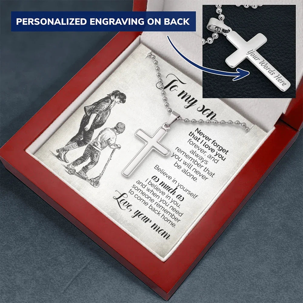 To My Son – Personalized Cross Necklace from Mom | Stainless Steel Faith Pendant with Engraved Back and Message Card