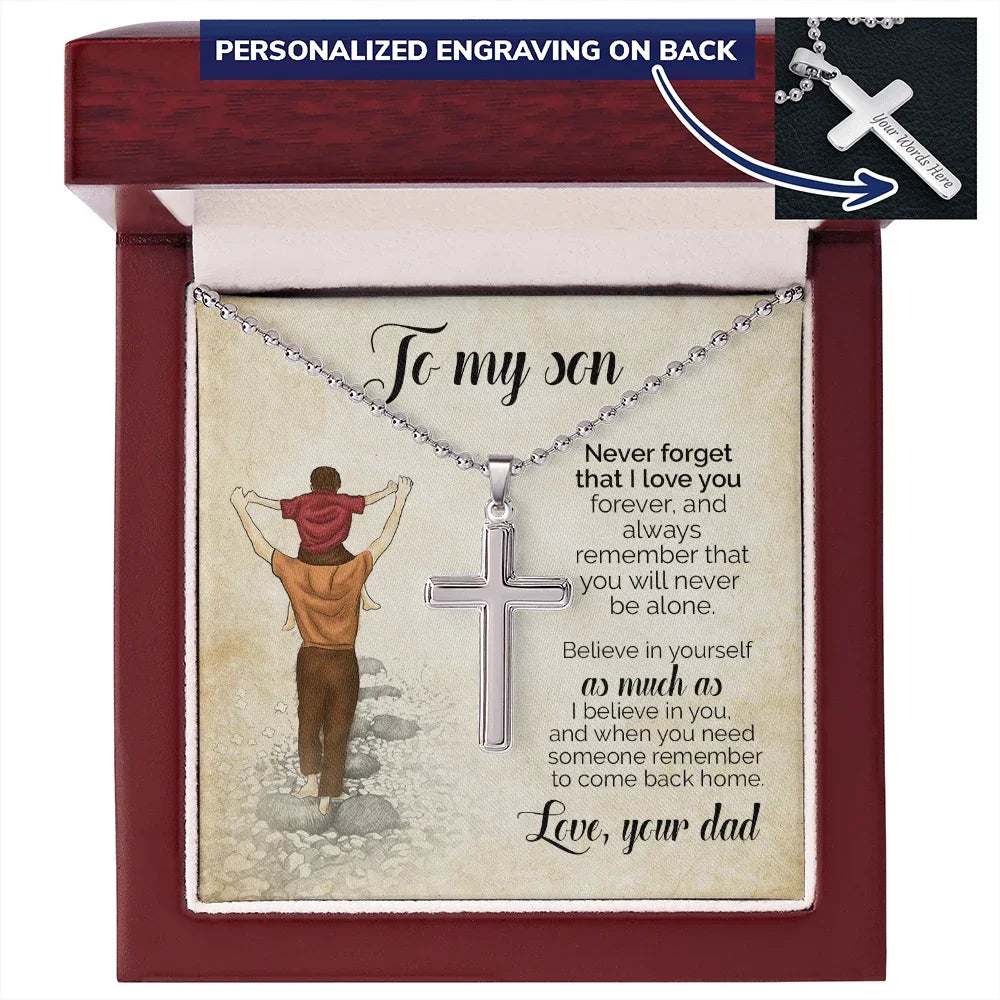 To My Son – Personalized Cross Necklace from Dad | Engraved Stainless Steel Faith Pendant Gift for Son