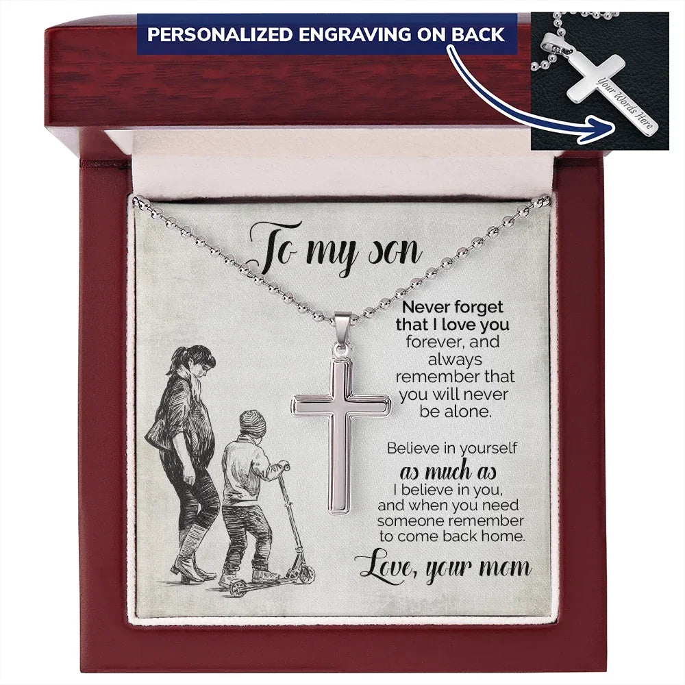 To My Son – Personalized Cross Necklace from Mom | Stainless Steel Faith Pendant with Engraved Back and Message Card