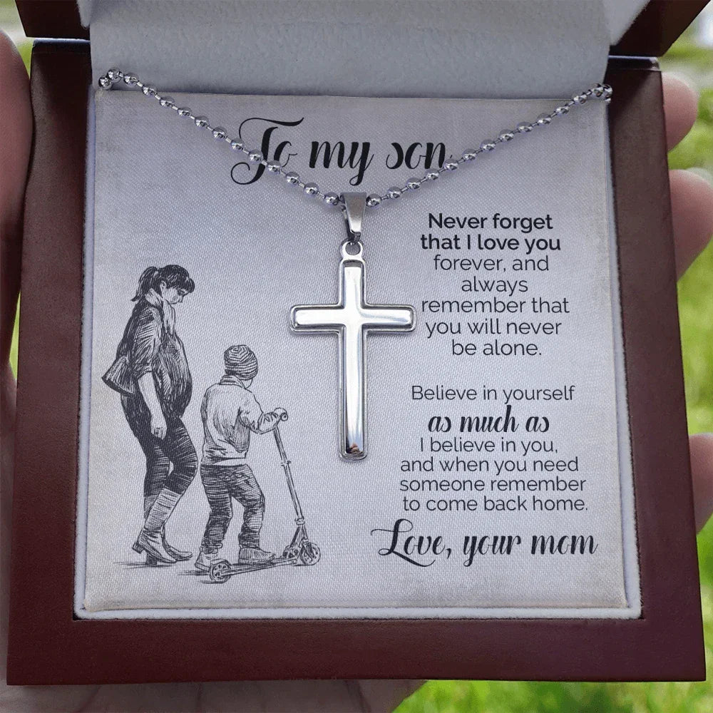 To My Son – Personalized Cross Necklace from Mom | Stainless Steel Faith Pendant with Engraved Back and Message Card