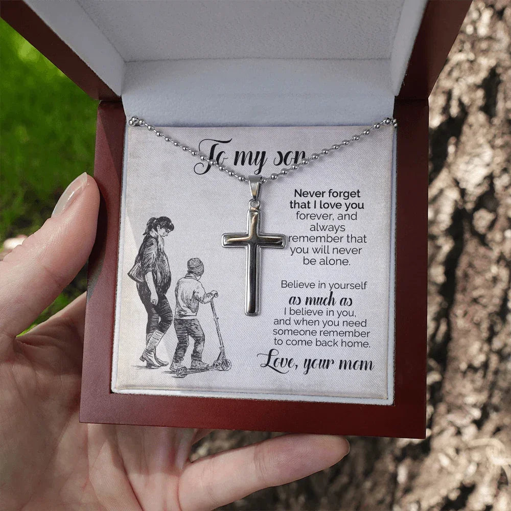 To My Son – Personalized Cross Necklace from Mom | Stainless Steel Faith Pendant with Engraved Back and Message Card