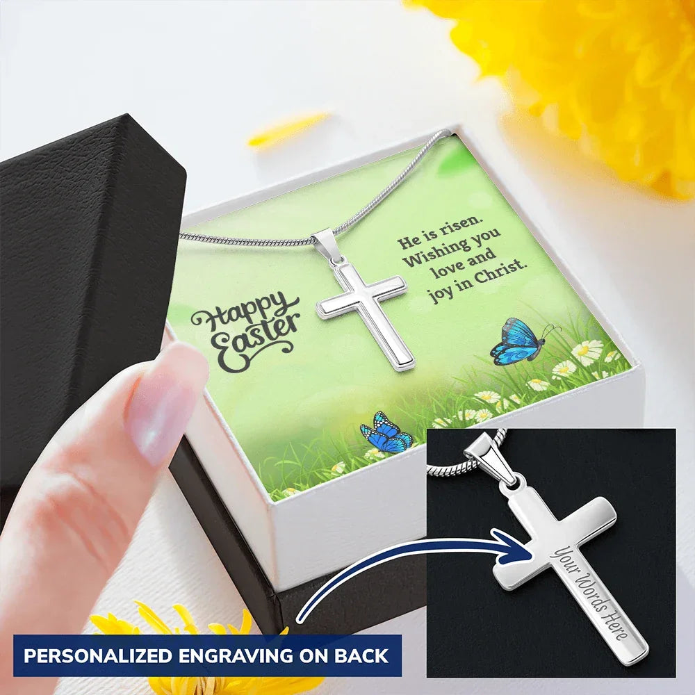 Easter Personalized Stainless Steel Cross Necklace – Custom Engraved Christian Pendant for Men & Women – Religious Jewelry with Adjustable Snake Chain