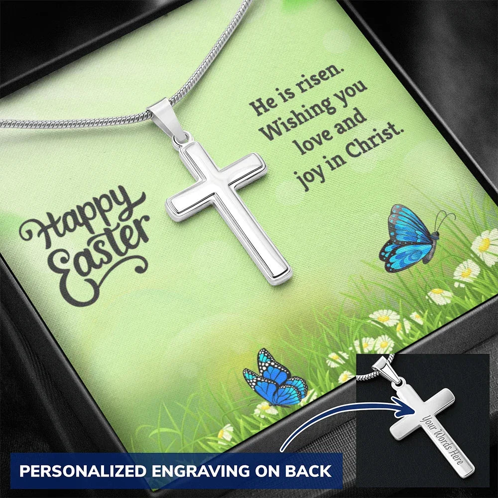 Easter Personalized Stainless Steel Cross Necklace – Custom Engraved Christian Pendant for Men & Women – Religious Jewelry with Adjustable Snake Chain