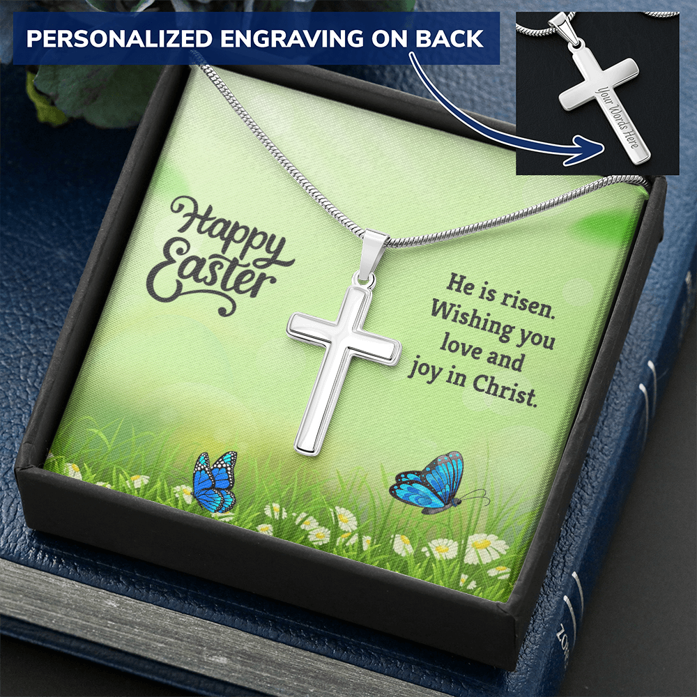 Easter Personalized Stainless Steel Cross Necklace – Custom Engraved Christian Pendant for Men & Women – Religious Jewelry with Adjustable Snake Chain - Mallard Moon Gift Shop