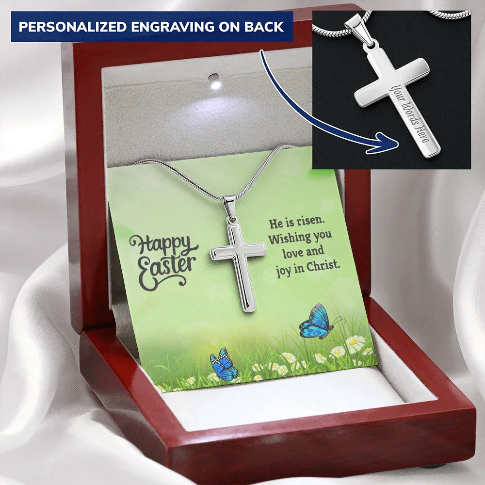 Easter Personalized Stainless Steel Cross Necklace – Custom Engraved Christian Pendant for Men & Women – Religious Jewelry with Adjustable Snake Chain