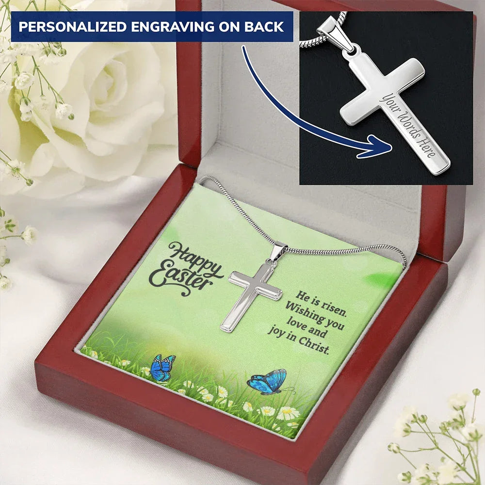 Easter Personalized Stainless Steel Cross Necklace – Custom Engraved Christian Pendant for Men & Women – Religious Jewelry with Adjustable Snake Chain