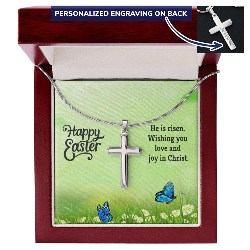Easter Personalized Stainless Steel Cross Necklace – Custom Engraved Christian Pendant for Men & Women – Religious Jewelry with Adjustable Snake Chain