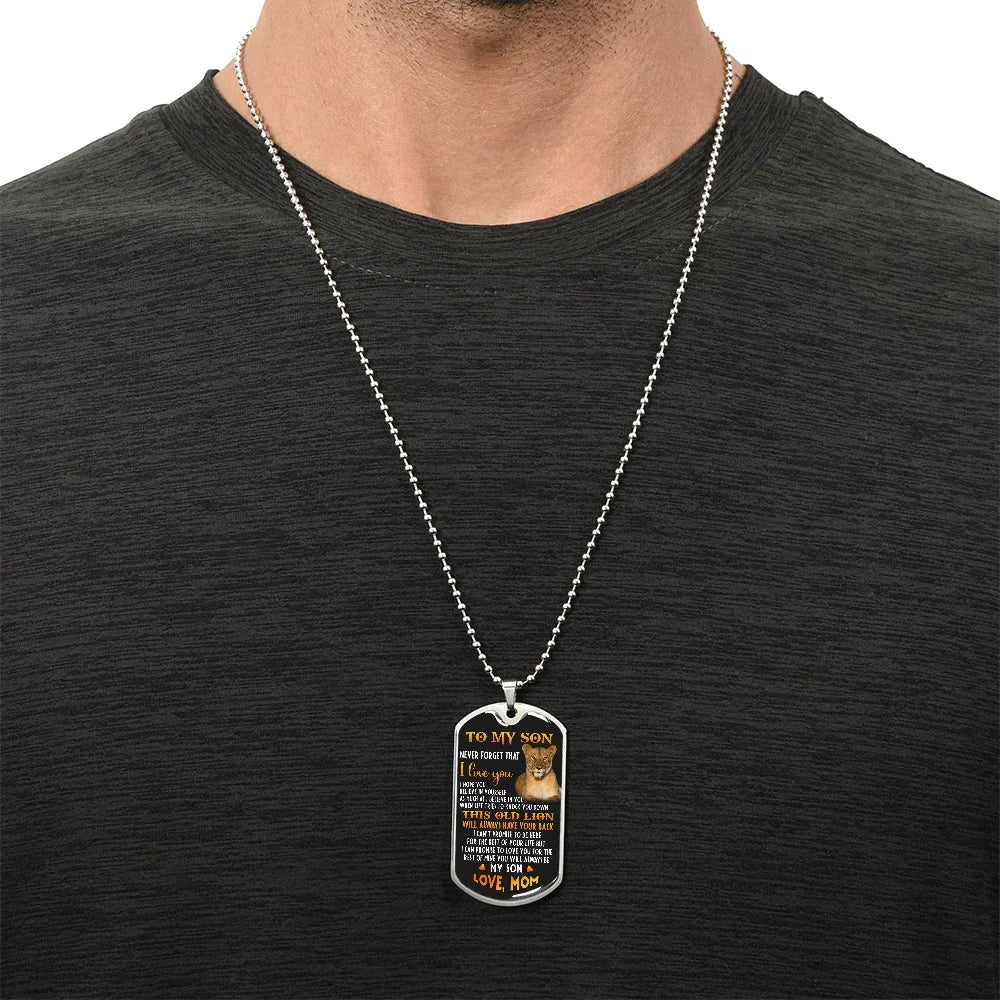 o My Son – Old Lion Dog Tag Necklace from Mom | Personalized Military Pendant Keepsake Gift for Birthday, Graduation, Christmas, or Deployment