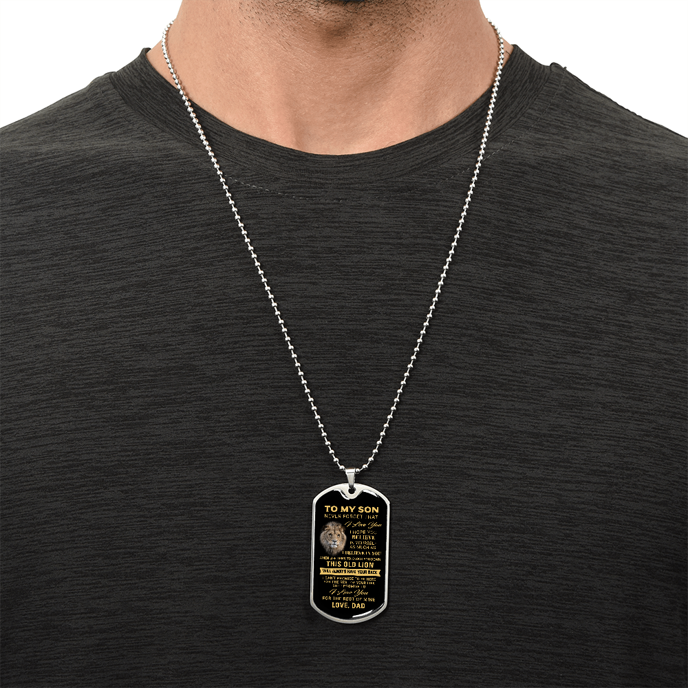 To My Son – Old Lion Dog Tag Necklace from Dad | Personalized Military Pendant Keepsake Gift for Birthday, Graduation, Christmas, or Deployment - Mallard Moon Gift Shop