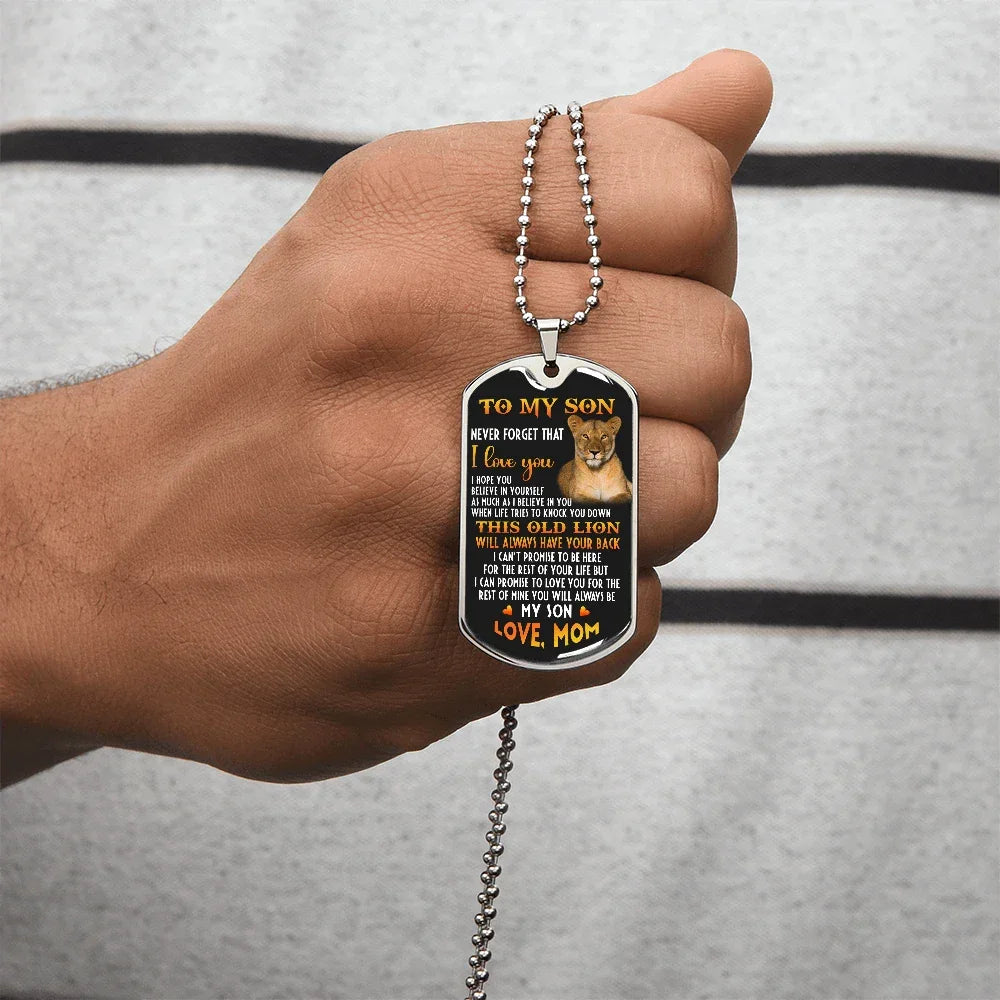 o My Son – Old Lion Dog Tag Necklace from Mom | Personalized Military Pendant Keepsake Gift for Birthday, Graduation, Christmas, or Deployment