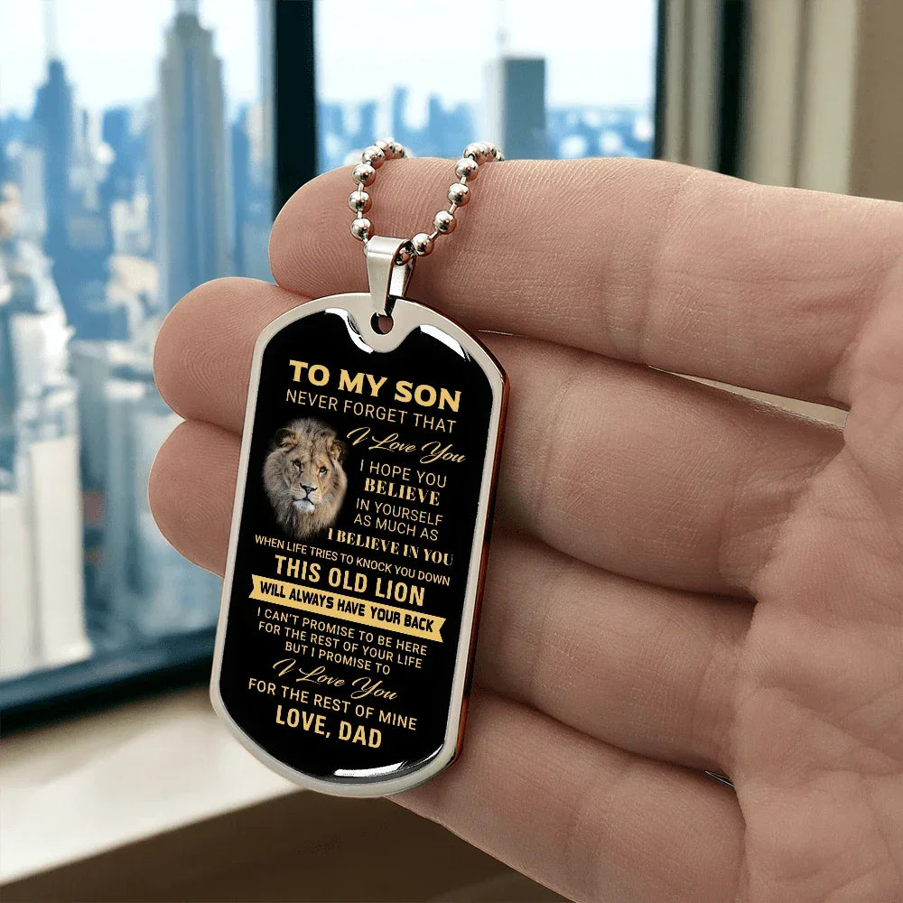 To My Son – Old Lion Dog Tag Necklace from Dad | Personalized Military Pendant Keepsake Gift for Birthday, Graduation, Christmas, or Deployment