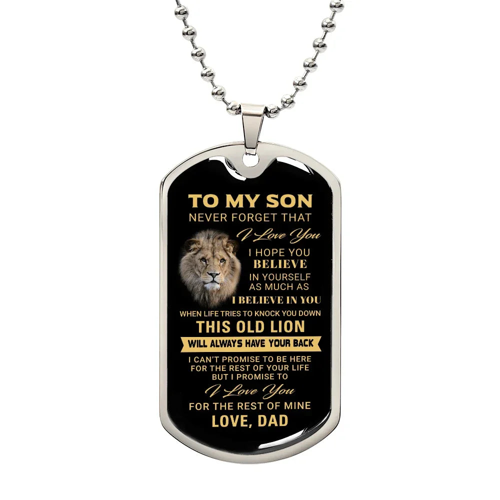To My Son – Old Lion Dog Tag Necklace from Dad | Personalized Military Pendant Keepsake Gift for Birthday, Graduation, Christmas, or Deployment