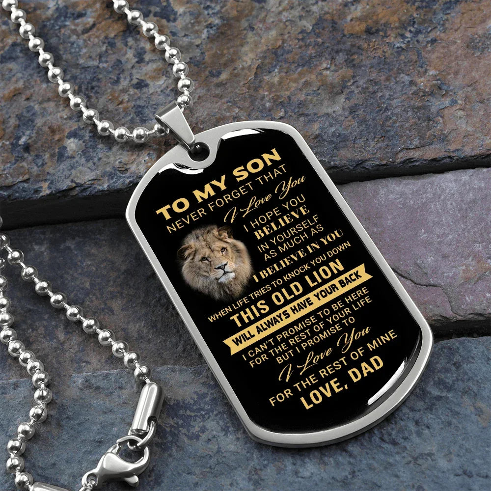 To My Son – Old Lion Dog Tag Necklace from Dad | Personalized Military Pendant Keepsake Gift for Birthday, Graduation, Christmas, or Deployment