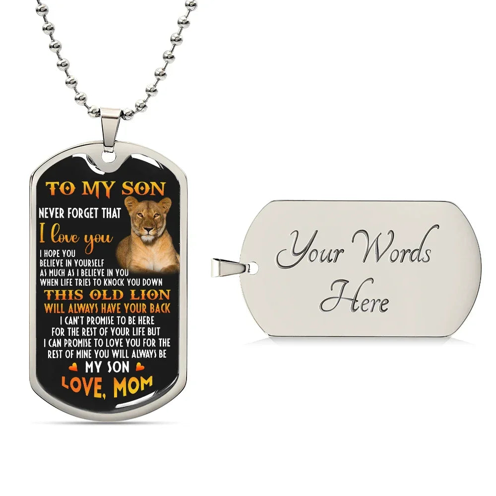 o My Son – Old Lion Dog Tag Necklace from Mom | Personalized Military Pendant Keepsake Gift for Birthday, Graduation, Christmas, or Deployment