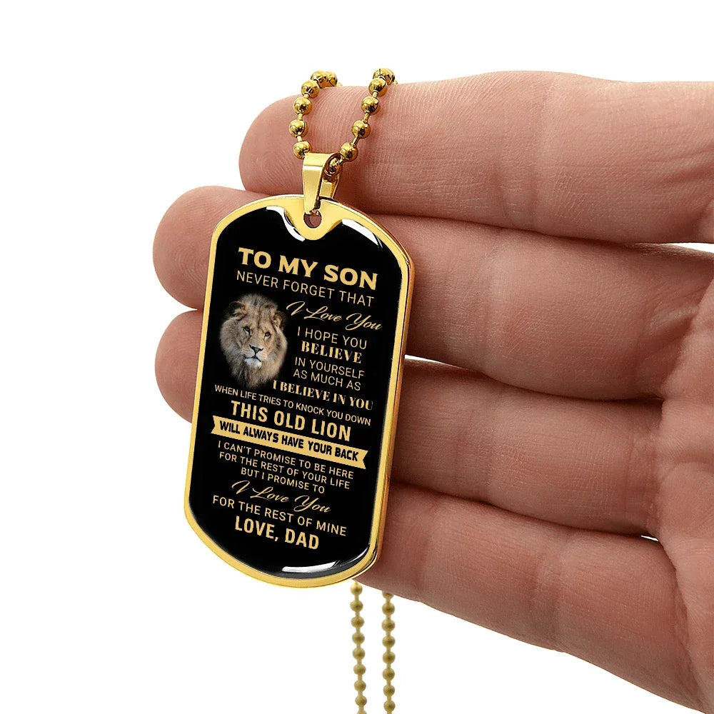 To My Son – Old Lion Dog Tag Necklace from Dad | Personalized Military Pendant Keepsake Gift for Birthday, Graduation, Christmas, or Deployment
