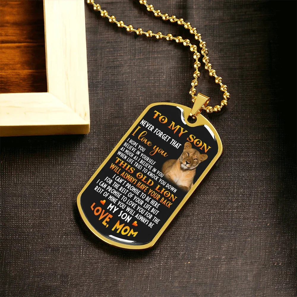 o My Son – Old Lion Dog Tag Necklace from Mom | Personalized Military Pendant Keepsake Gift for Birthday, Graduation, Christmas, or Deployment