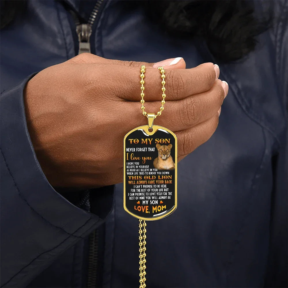 o My Son – Old Lion Dog Tag Necklace from Mom | Personalized Military Pendant Keepsake Gift for Birthday, Graduation, Christmas, or Deployment