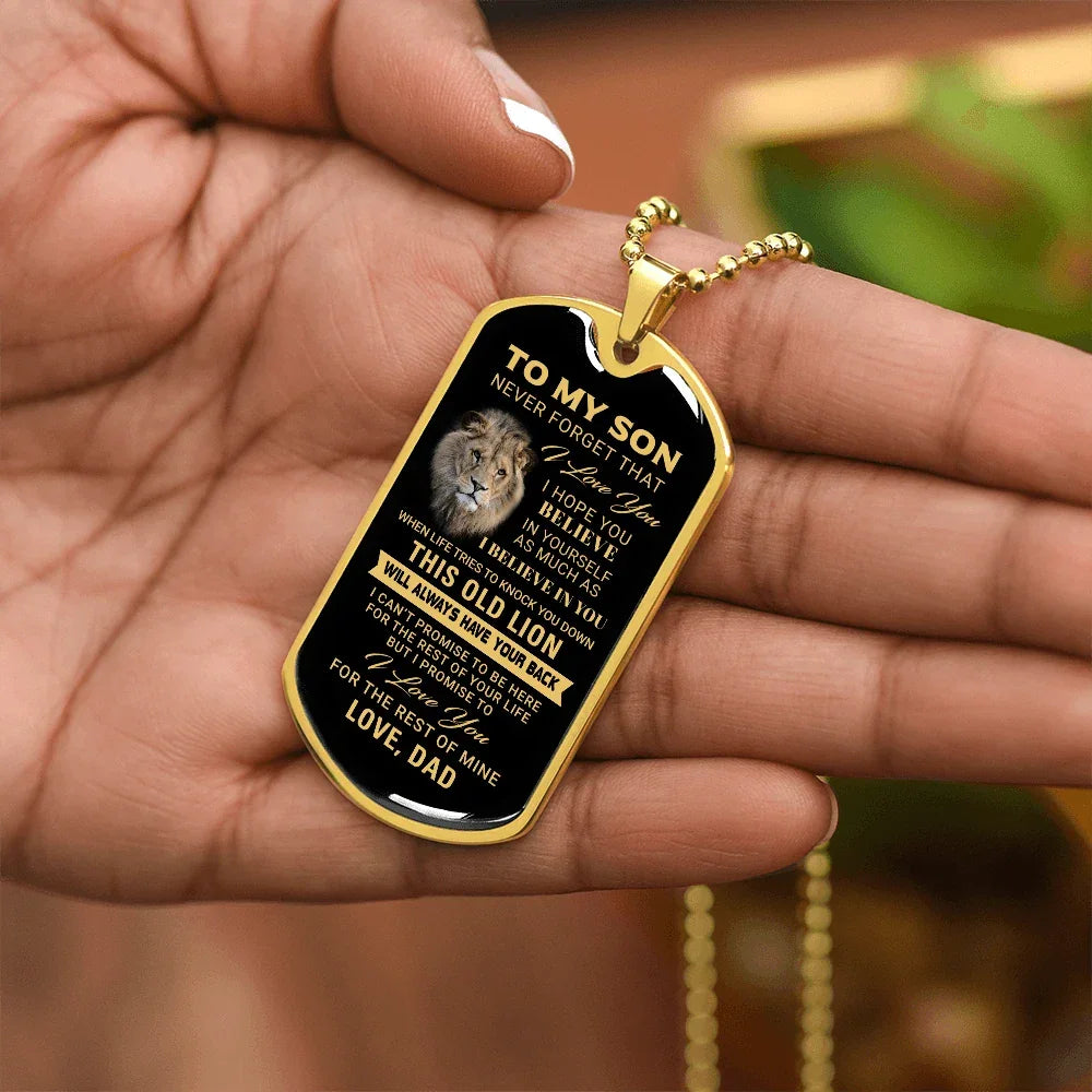 To My Son – Old Lion Dog Tag Necklace from Dad | Personalized Military Pendant Keepsake Gift for Birthday, Graduation, Christmas, or Deployment