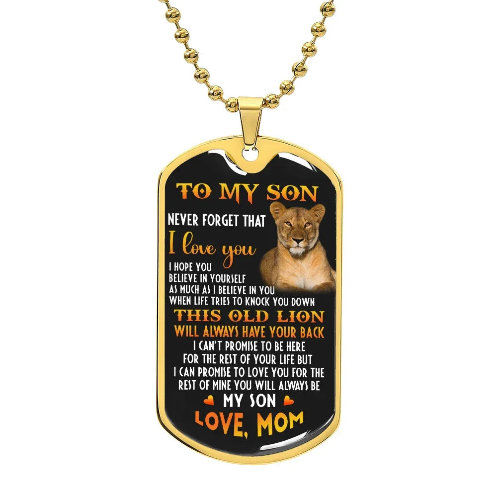 o My Son – Old Lion Dog Tag Necklace from Mom | Personalized Military Pendant Keepsake Gift for Birthday, Graduation, Christmas, or Deployment