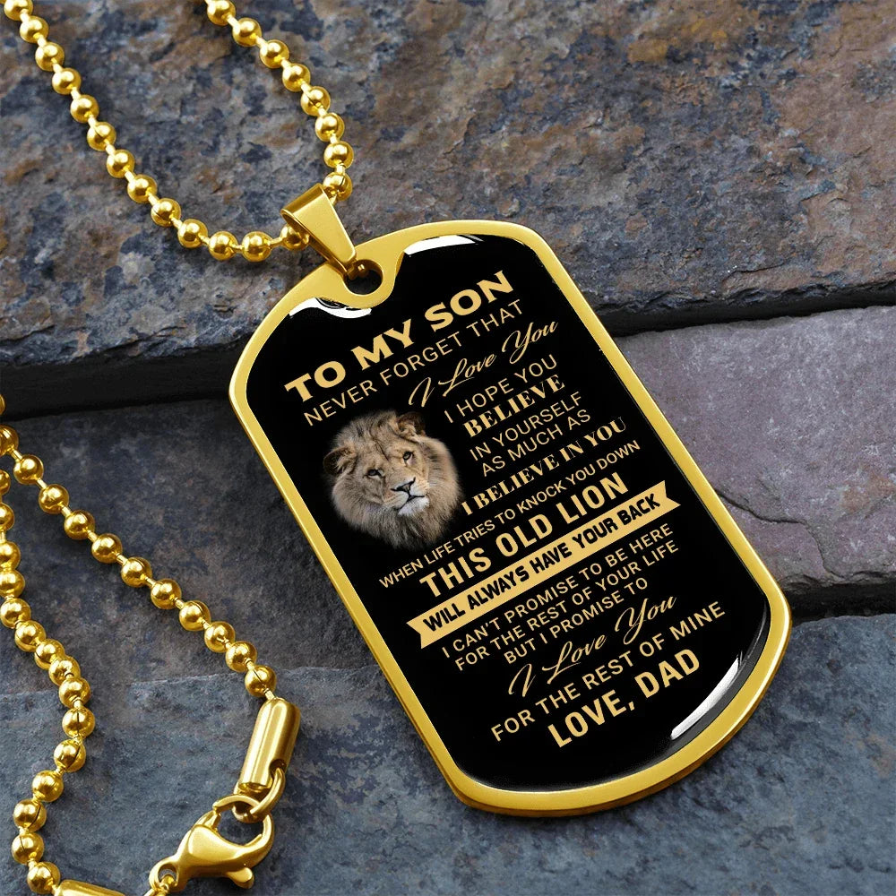 To My Son – Old Lion Dog Tag Necklace from Dad | Personalized Military Pendant Keepsake Gift for Birthday, Graduation, Christmas, or Deployment