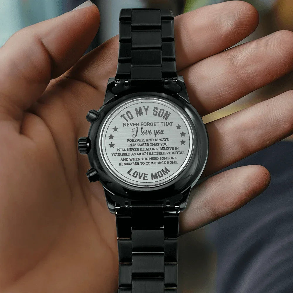 To My Son Engraved Chronograph Watch – Black Stainless-Steel Timepiece from Mom | Sentimental Gift for Birthday, Graduation, Christmas, or Deployment