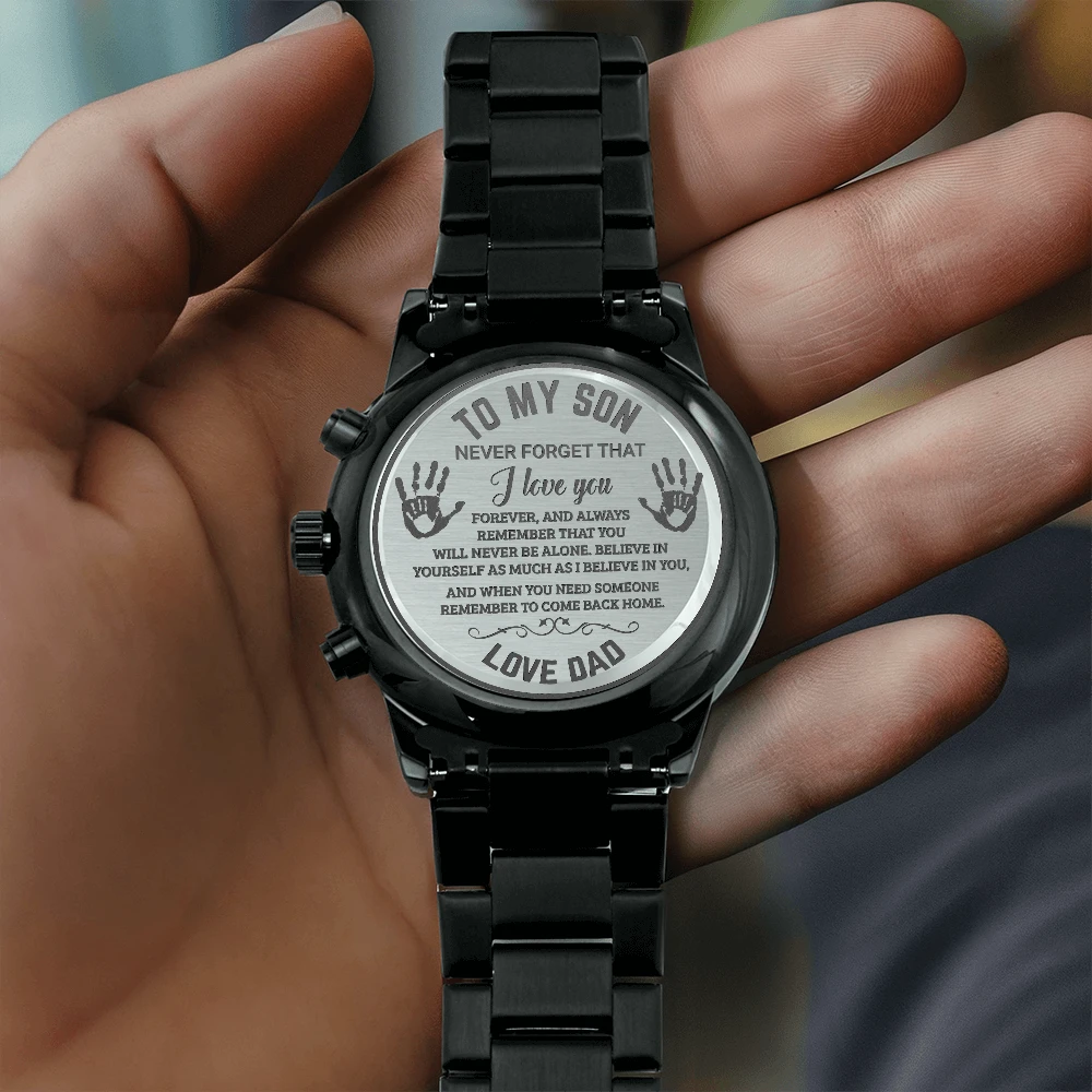 To My Son Engraved Chronograph Watch – Black Stainless-Steel Timepiece from Mom | Sentimental Gift for Birthday, Graduation, Christmas, or Deployment