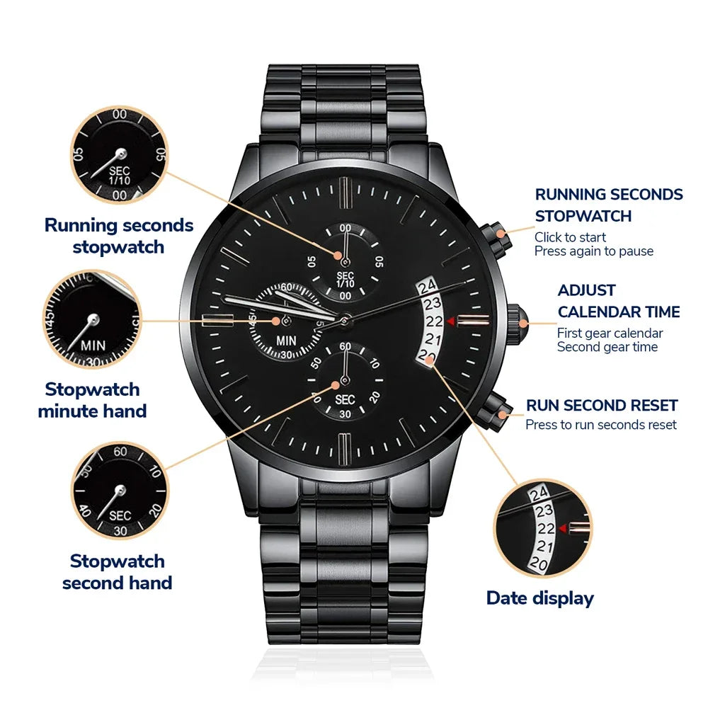 To My Son Engraved Chronograph Watch – Black Stainless-Steel Timepiece from Mom | Sentimental Gift for Birthday, Graduation, Christmas, or Deployment