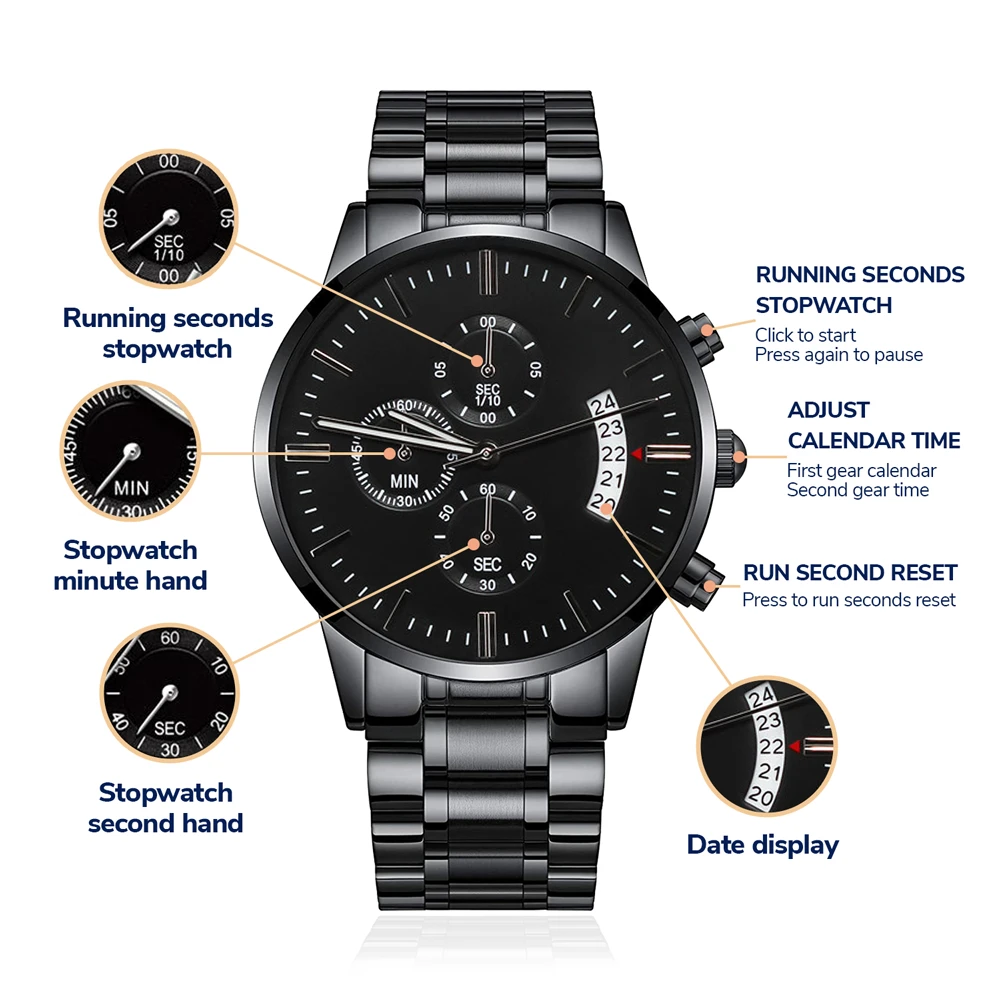 To My Son Engraved Chronograph Watch – Black Stainless-Steel Timepiece from Mom | Sentimental Gift for Birthday, Graduation, Christmas, or Deployment