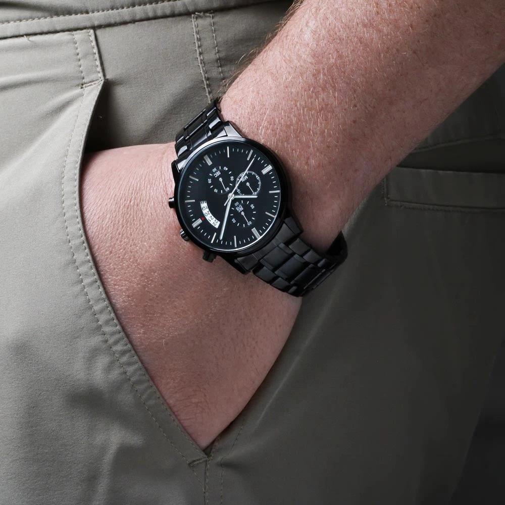To My Son Engraved Chronograph Watch – Black Stainless-Steel Timepiece from Mom | Sentimental Gift for Birthday, Graduation, Christmas, or Deployment