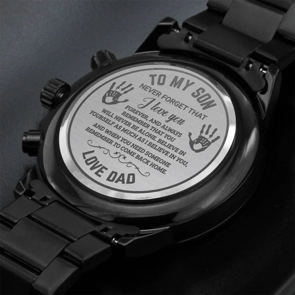 To My Son Engraved Chronograph Watch – Black Stainless-Steel Timepiece from Mom | Sentimental Gift for Birthday, Graduation, Christmas, or Deployment