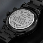 To My Son Engraved Chronograph Watch – Black Stainless-Steel Timepiece from Mom | Sentimental Gift for Birthday, Graduation, Christmas, or Deployment