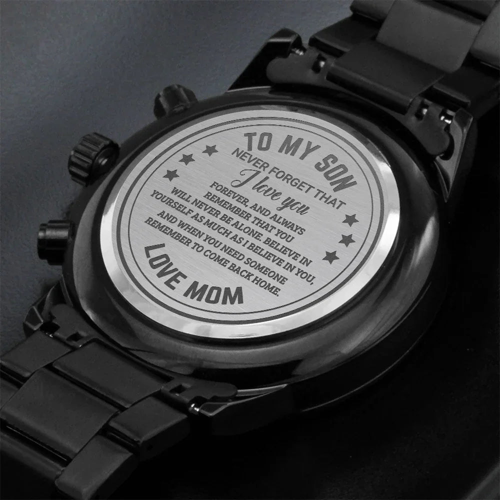 To My Son Engraved Chronograph Watch – Black Stainless-Steel Timepiece from Mom | Sentimental Gift for Birthday, Graduation, Christmas, or Deployment