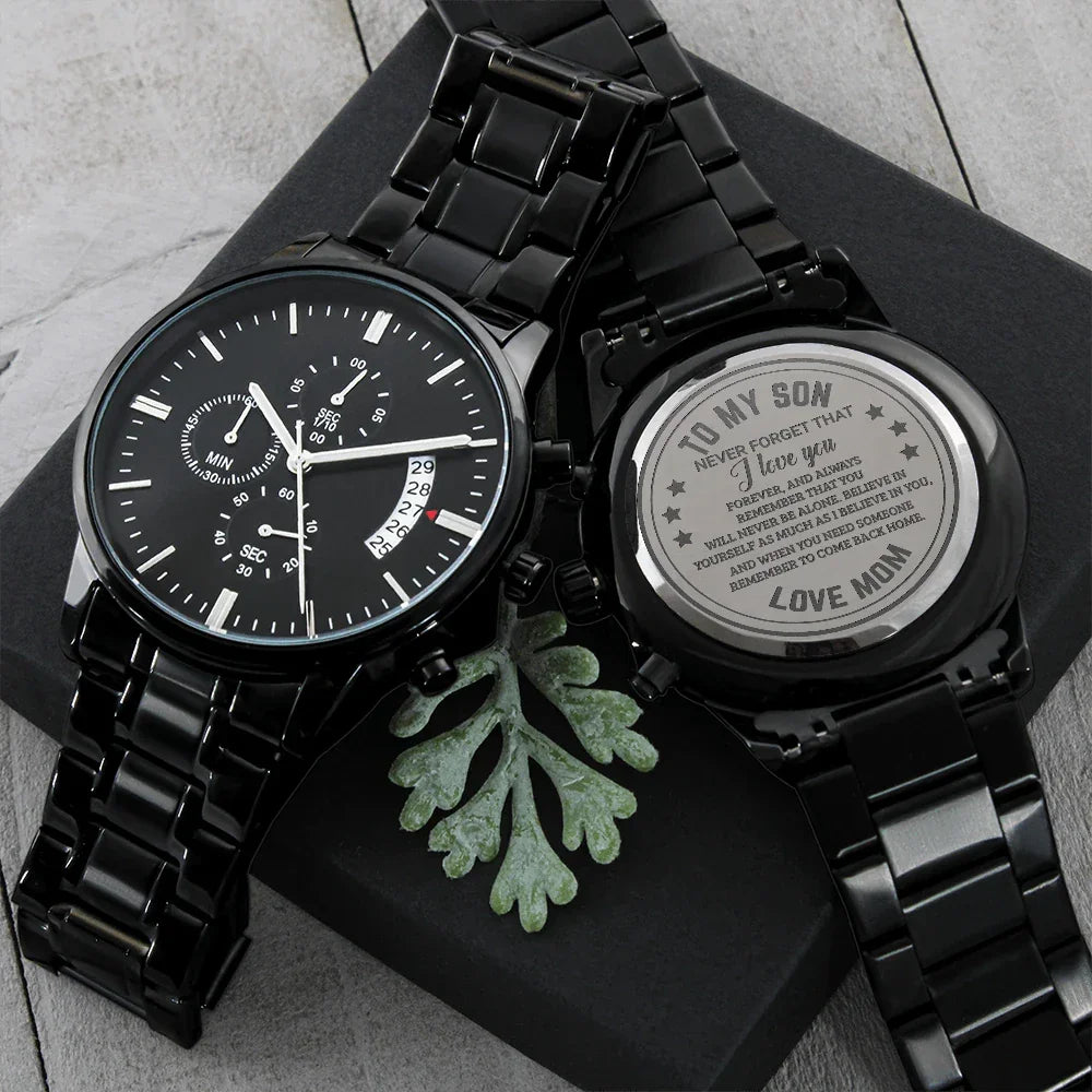 To My Son Engraved Chronograph Watch – Black Stainless-Steel Timepiece from Mom | Sentimental Gift for Birthday, Graduation, Christmas, or Deployment