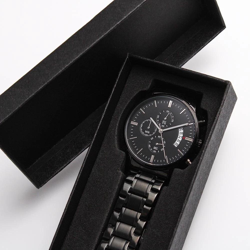 To My Son Engraved Chronograph Watch – Black Stainless-Steel Timepiece from Mom | Sentimental Gift for Birthday, Graduation, Christmas, or Deployment