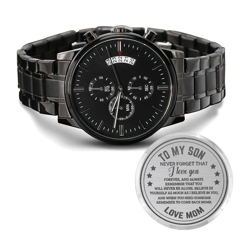 To My Son Engraved Chronograph Watch – Black Stainless-Steel Timepiece from Mom | Sentimental Gift for Birthday, Graduation, Christmas, or Deployment