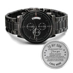 To My Son Engraved Chronograph Watch – Black Stainless-Steel Timepiece from Mom | Sentimental Gift for Birthday, Graduation, Christmas, or Deployment
