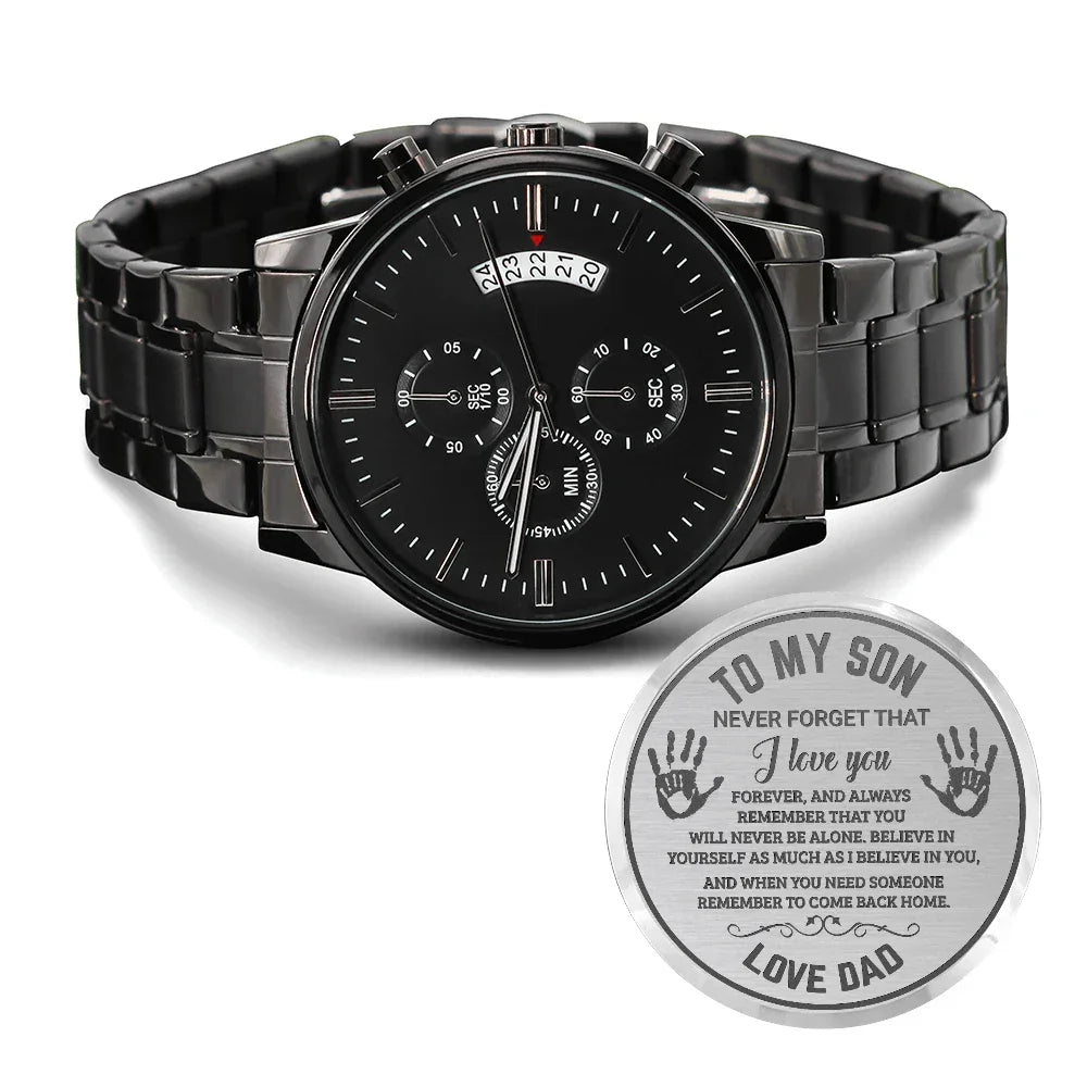 To My Son Engraved Chronograph Watch – Black Stainless-Steel Timepiece from Mom | Sentimental Gift for Birthday, Graduation, Christmas, or Deployment