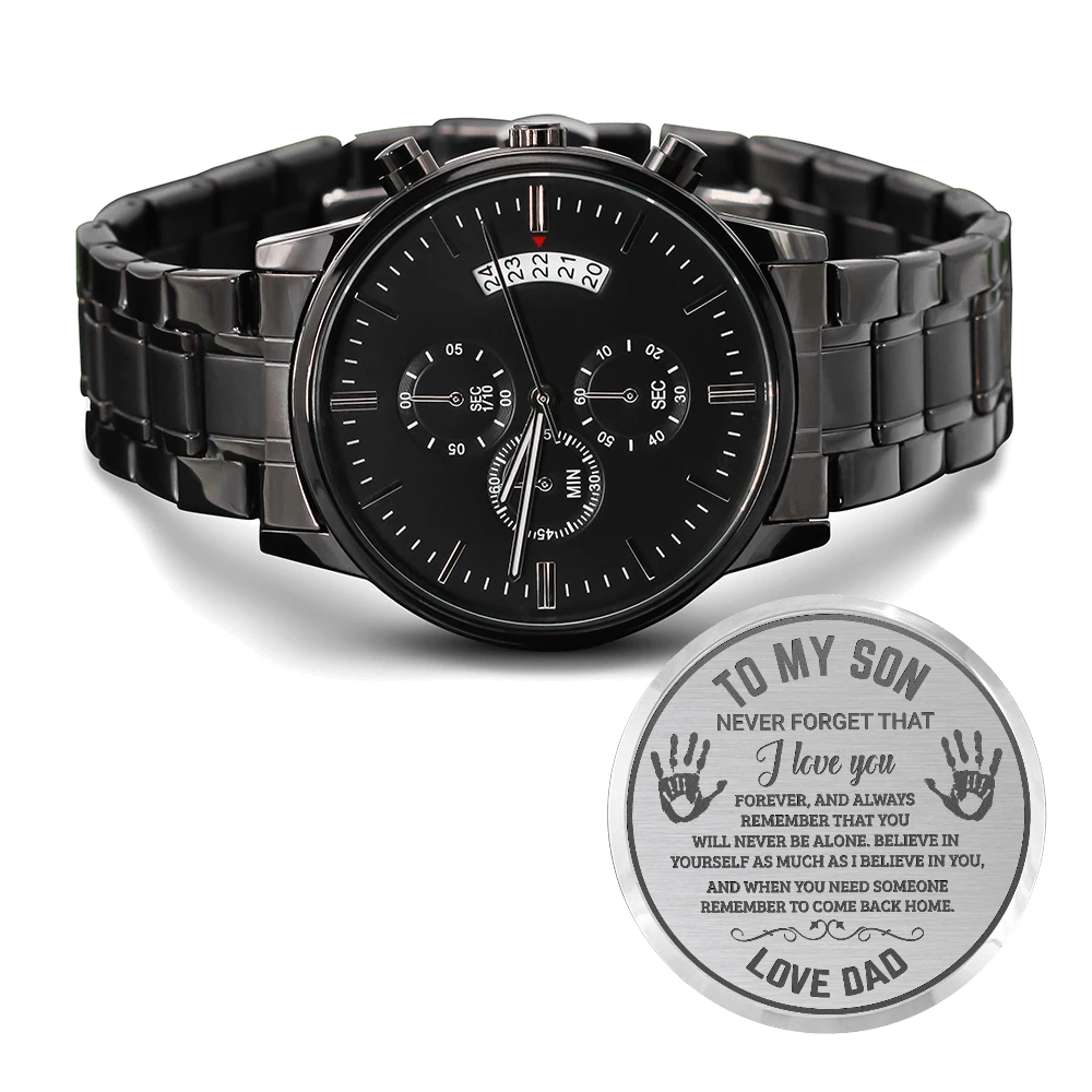 To My Son Engraved Chronograph Watch – Black Stainless-Steel Timepiece from Mom | Sentimental Gift for Birthday, Graduation, Christmas, or Deployment