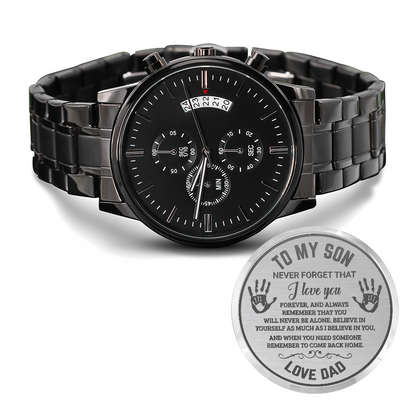 To My Son Engraved Chronograph Watch – Black Stainless-Steel Timepiece from Mom | Sentimental Gift for Birthday, Graduation, Christmas, or Deployment - Mallard Moon Gift Shop