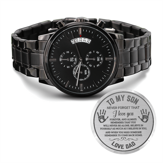 To My Son Engraved Chronograph Watch – Black Stainless-Steel Timepiece from Mom | Sentimental Gift for Birthday, Graduation, Christmas, or Deployment