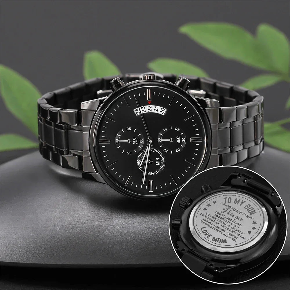 To My Son Engraved Chronograph Watch – Black Stainless-Steel Timepiece from Mom | Sentimental Gift for Birthday, Graduation, Christmas, or Deployment