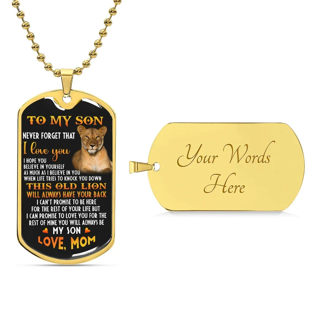 o My Son – Old Lion Dog Tag Necklace from Mom | Personalized Military Pendant Keepsake Gift for Birthday, Graduation, Christmas, or Deployment