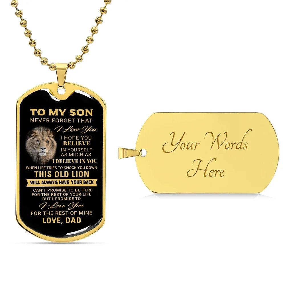 To My Son – Old Lion Dog Tag Necklace from Dad | Personalized Military Pendant Keepsake Gift for Birthday, Graduation, Christmas, or Deployment
