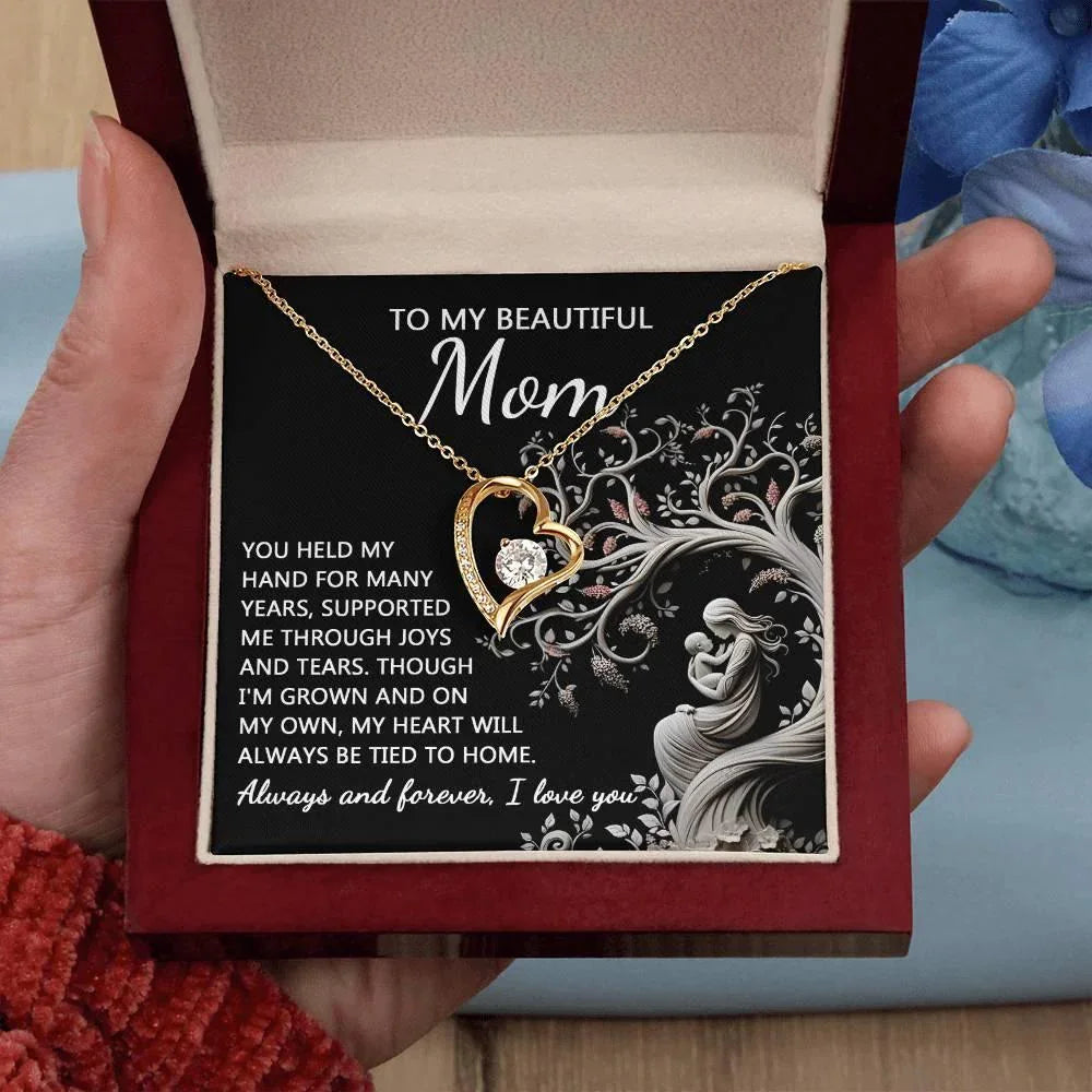 To My Beautiful Mom My Heart Will Always Be Tied to Home Forever Love Heart Pendant Necklace